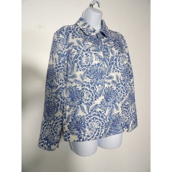 Croft and Barrow Medium Linen Floral Tropical Blue White Jacket Zip Vacay - Picture 4 of 10
